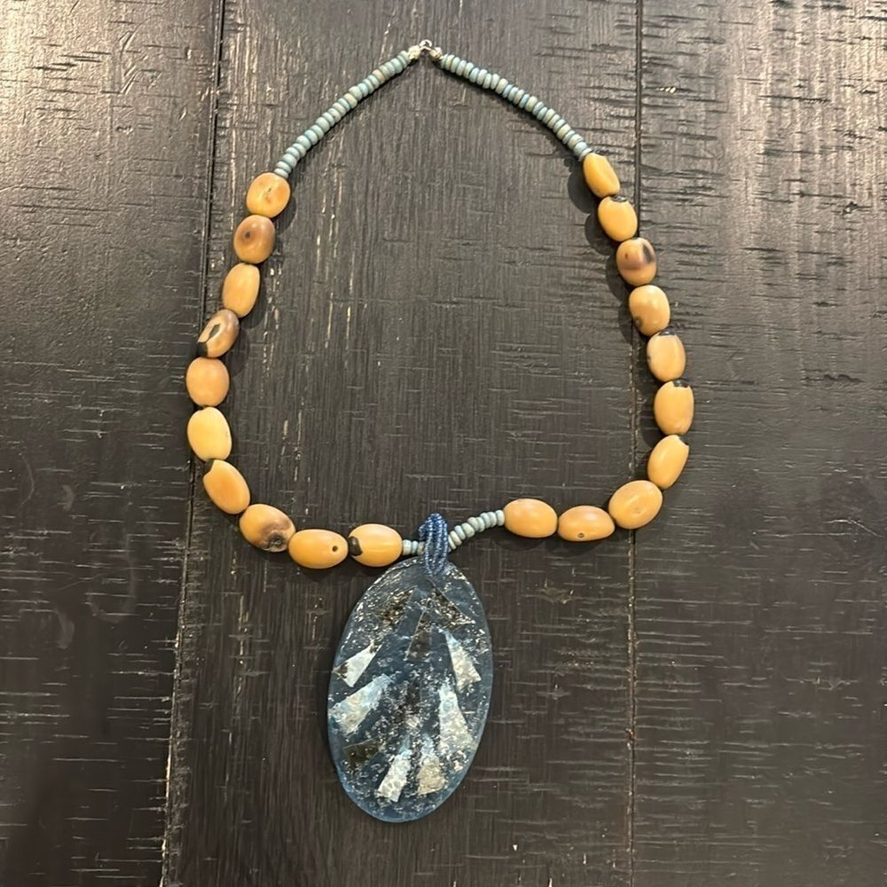 Unique Inlayed Oval Chunky Large Charm Wood Beaded Boho Necklace Navajo - Picture 1 of 7